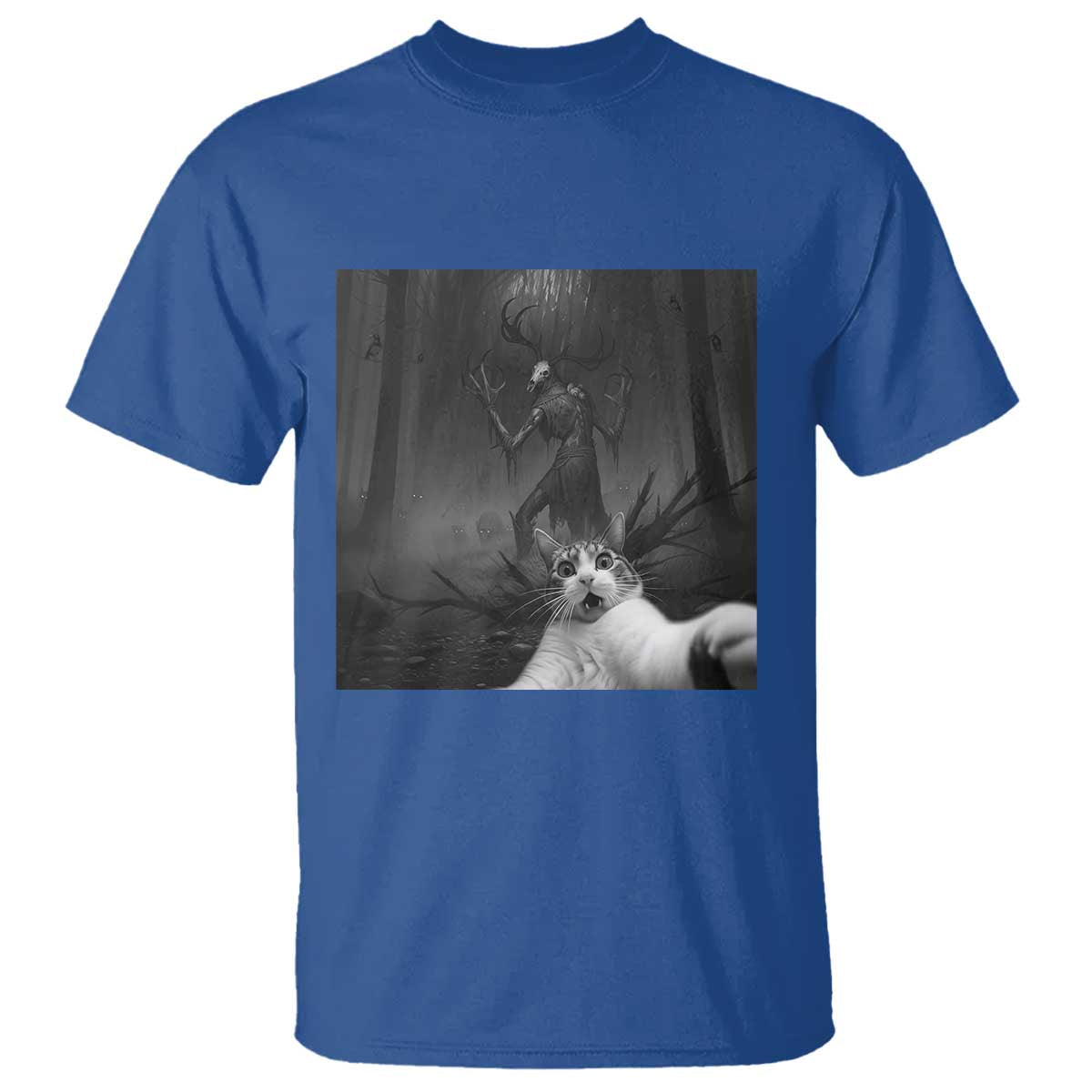 Cat Selfie With Wendigo T Shirt Horror Halloween Funny Cat Gifts TS10 Royal Blue Print Your Wear