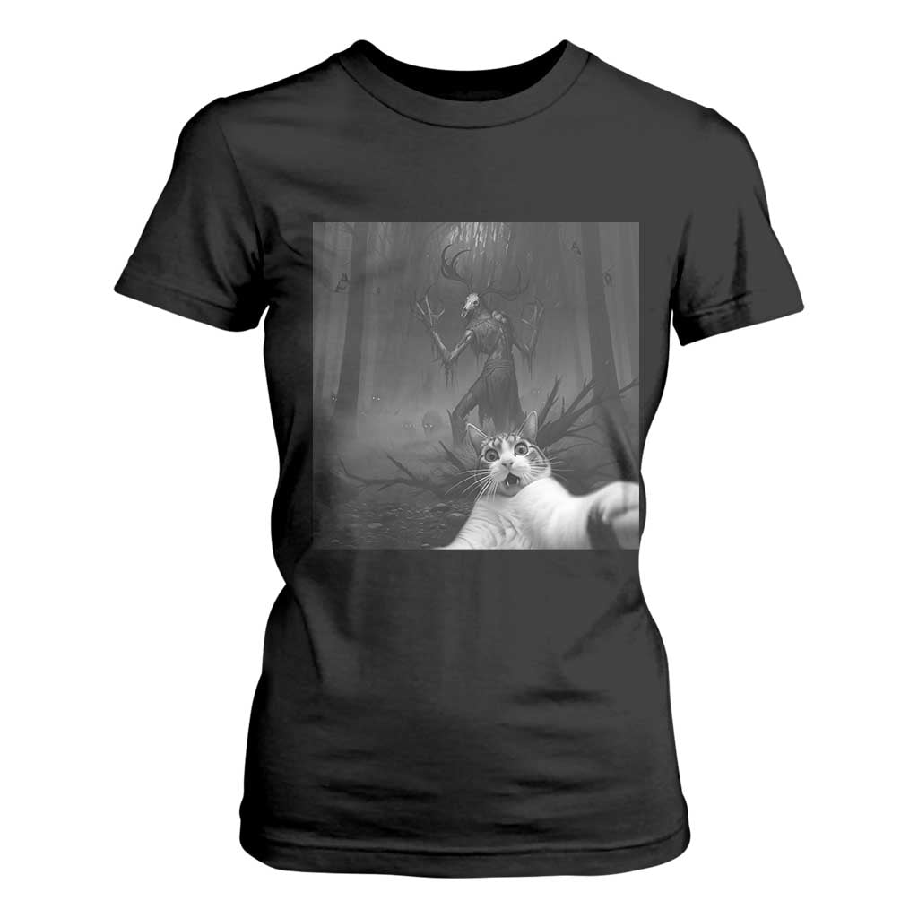 Cat Selfie With Wendigo T Shirt For Women Horror Halloween Funny Cat Gifts TS10 Black Print Your Wear