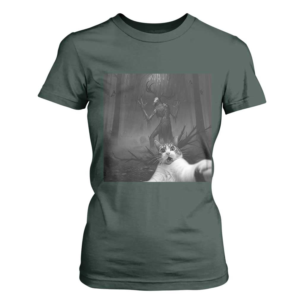 Cat Selfie With Wendigo T Shirt For Women Horror Halloween Funny Cat Gifts TS10 Dark Forest Green Print Your Wear