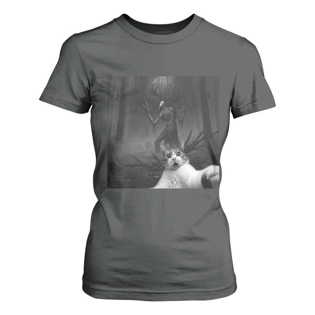 Cat Selfie With Wendigo T Shirt For Women Horror Halloween Funny Cat Gifts TS10 Dark Heather Print Your Wear