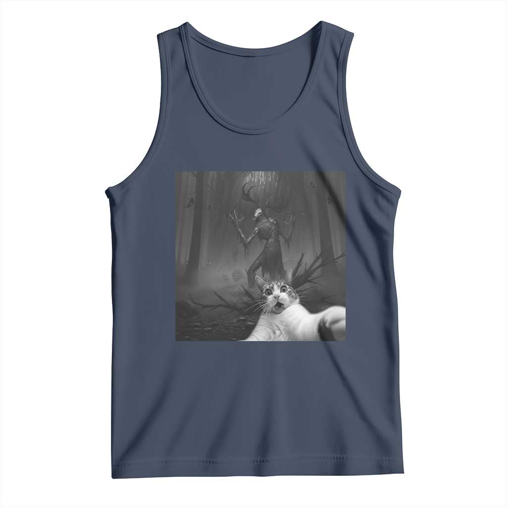 Cat Selfie With Wendigo Tank Top Horror Halloween Funny Cat Gifts TS10 Navy Print Your Wear