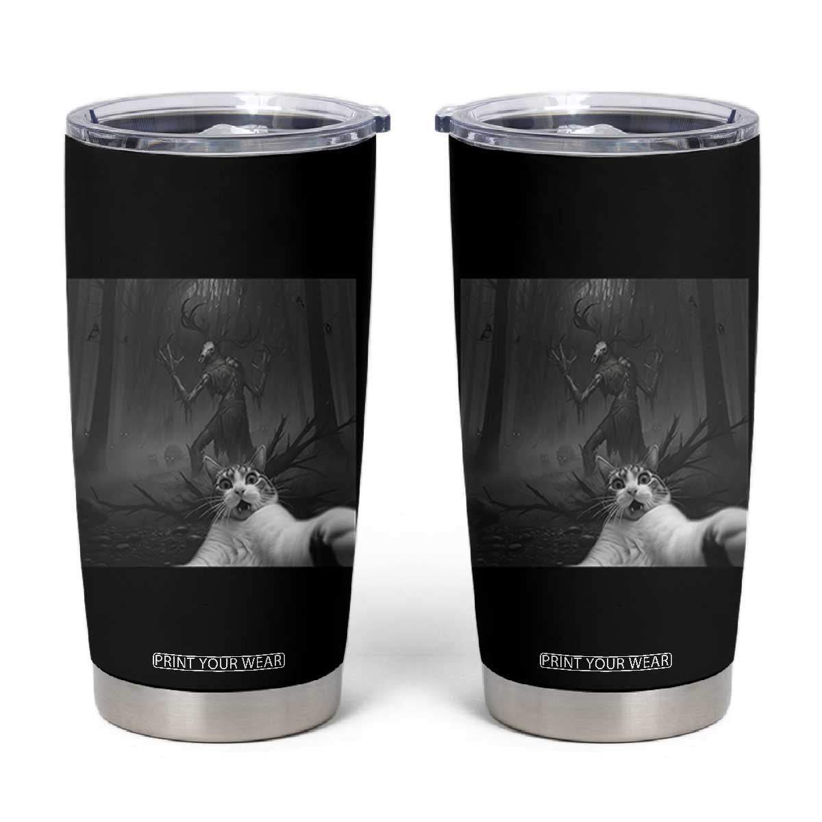 Cat Selfie With Wendigo Tumbler Cup Horror Halloween Funny Cat Gifts TS10 Black Print Your Wear