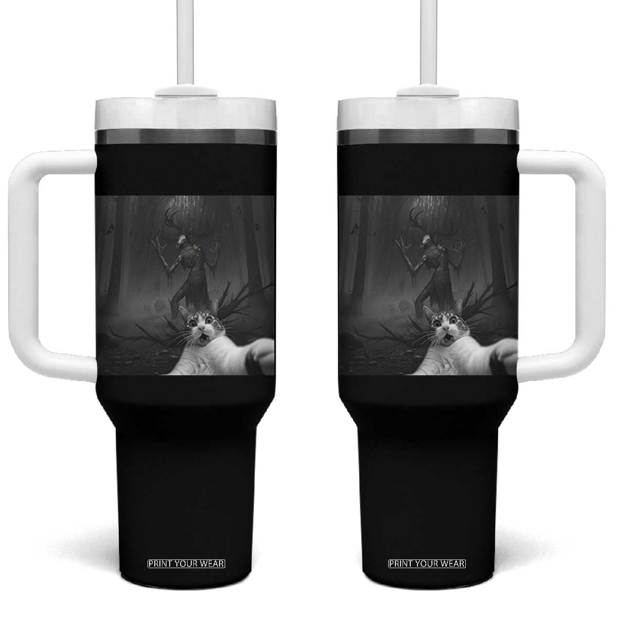 Cat Selfie With Wendigo Tumbler With Handle Horror Halloween Funny Cat Gifts TS10 One Size: 40 oz Black Print Your Wear