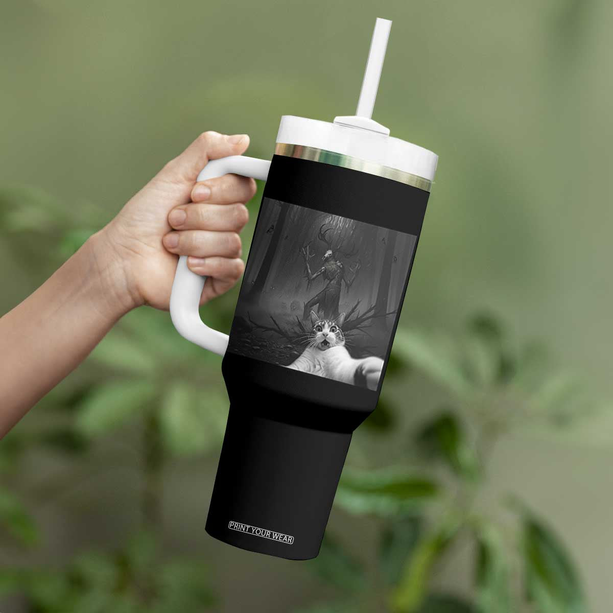 Cat Selfie With Wendigo Tumbler With Handle Horror Halloween Funny Cat Gifts TS10 Print Your Wear