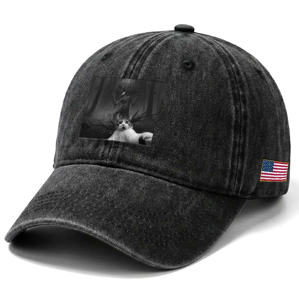 Cat Selfie With Wendigo Washed Cotton Baseball Cap Horror Halloween Funny Cat Gifts TS10 Print Your Wear