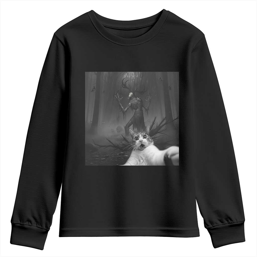 Cat Selfie With Wendigo Youth Sweatshirt Horror Halloween Funny Cat Gifts TS10 Black Print Your Wear