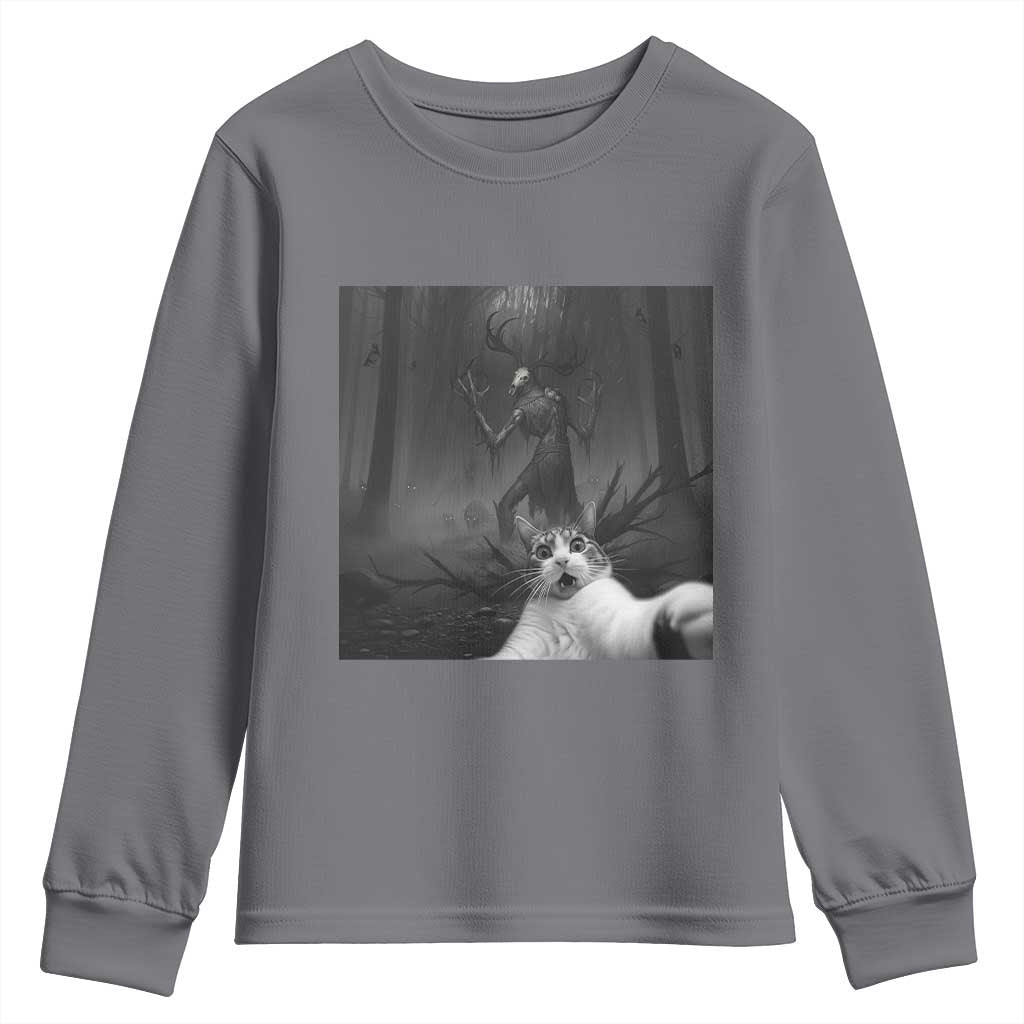Cat Selfie With Wendigo Youth Sweatshirt Horror Halloween Funny Cat Gifts TS10 Charcoal Print Your Wear