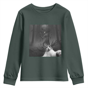 Cat Selfie With Wendigo Youth Sweatshirt Horror Halloween Funny Cat Gifts TS10 Dark Forest Green Print Your Wear
