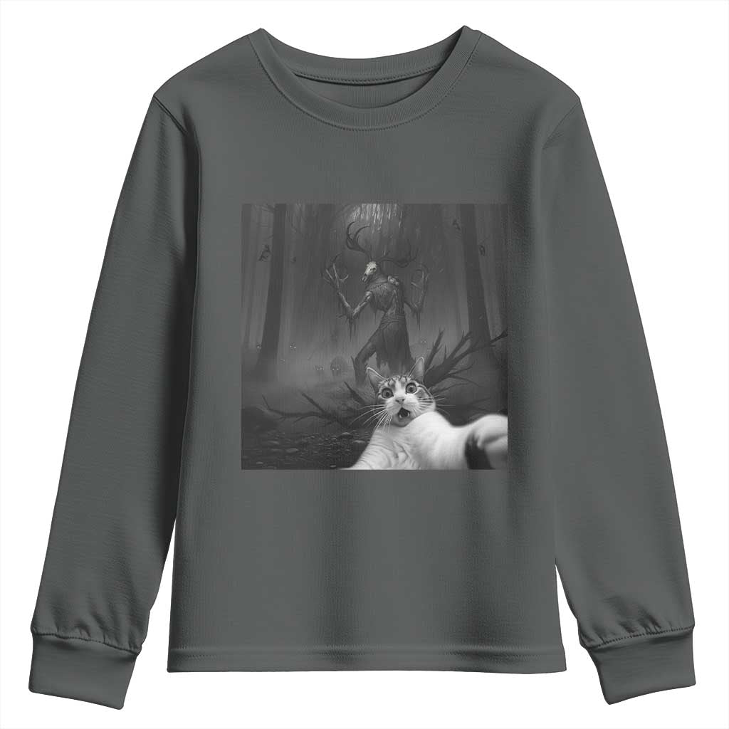 Cat Selfie With Wendigo Youth Sweatshirt Horror Halloween Funny Cat Gifts TS10 Dark Heather Print Your Wear