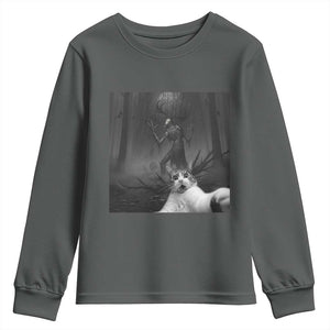Cat Selfie With Wendigo Youth Sweatshirt Horror Halloween Funny Cat Gifts TS10 Dark Heather Print Your Wear