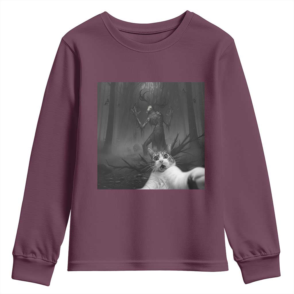 Cat Selfie With Wendigo Youth Sweatshirt Horror Halloween Funny Cat Gifts TS10 Maroon Print Your Wear