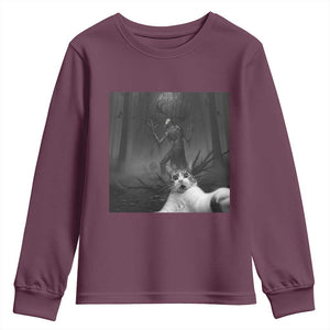 Cat Selfie With Wendigo Youth Sweatshirt Horror Halloween Funny Cat Gifts TS10 Maroon Print Your Wear