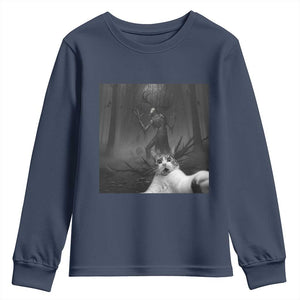 Cat Selfie With Wendigo Youth Sweatshirt Horror Halloween Funny Cat Gifts TS10 Navy Print Your Wear