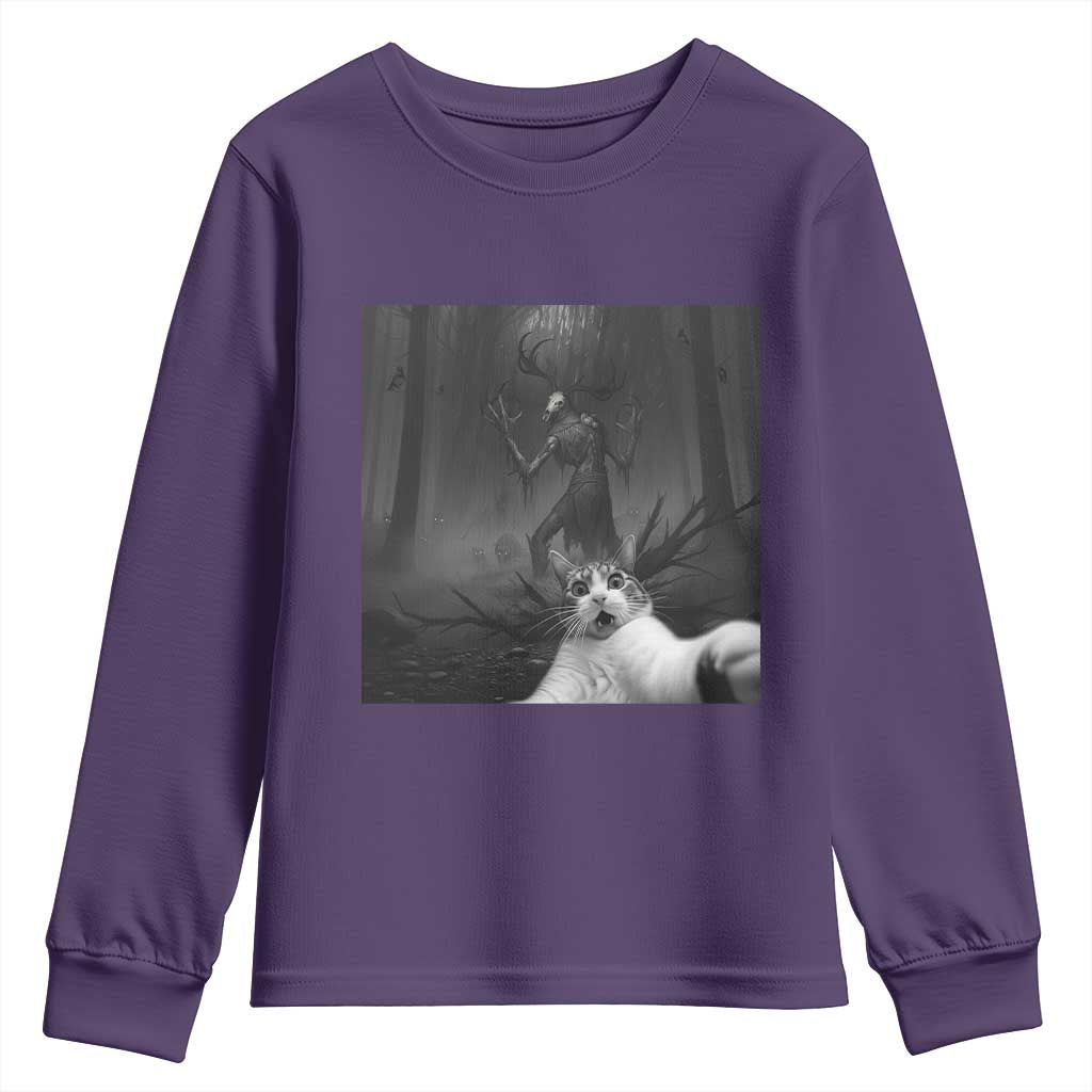 Cat Selfie With Wendigo Youth Sweatshirt Horror Halloween Funny Cat Gifts TS10 Purple Print Your Wear