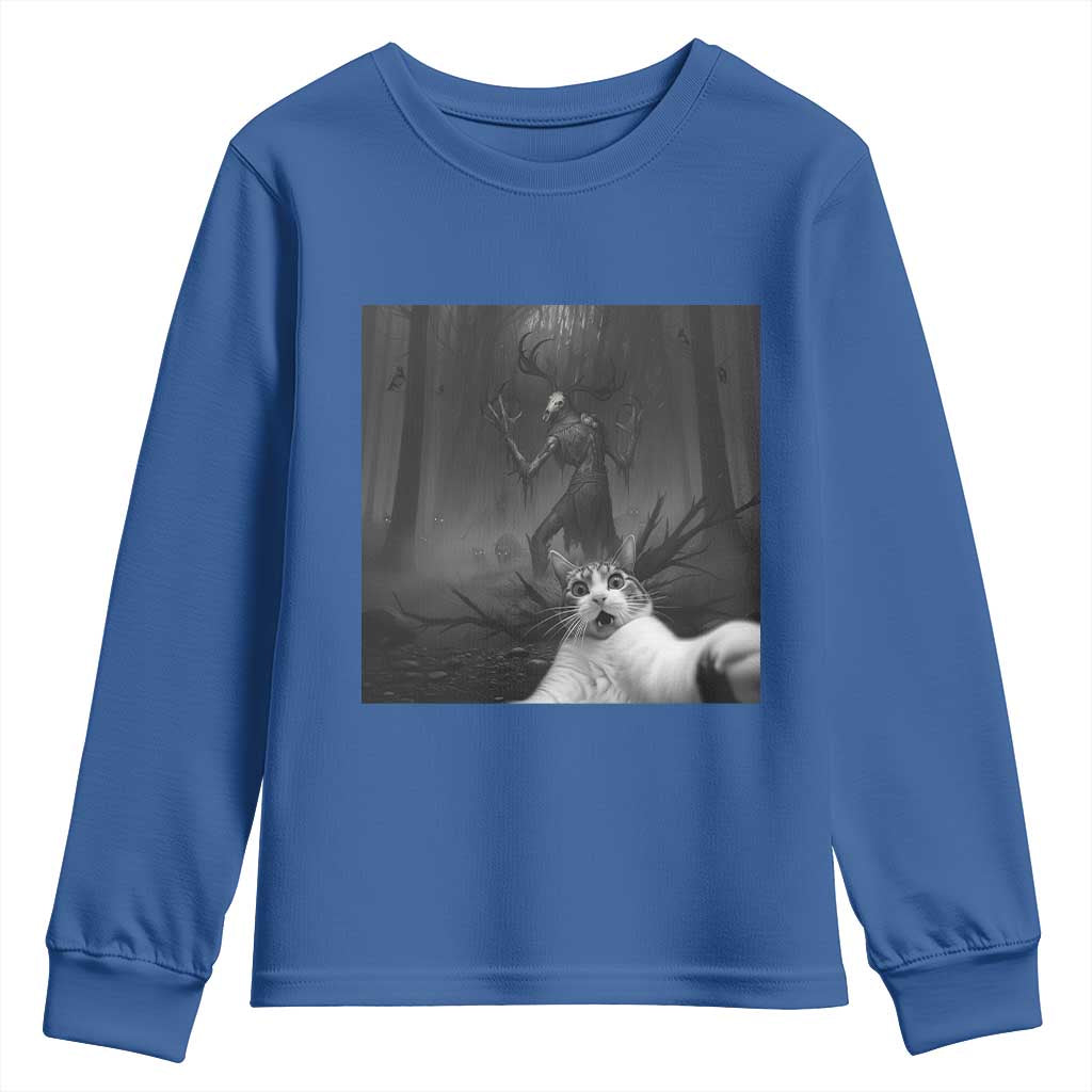 Cat Selfie With Wendigo Youth Sweatshirt Horror Halloween Funny Cat Gifts TS10 Royal Blue Print Your Wear