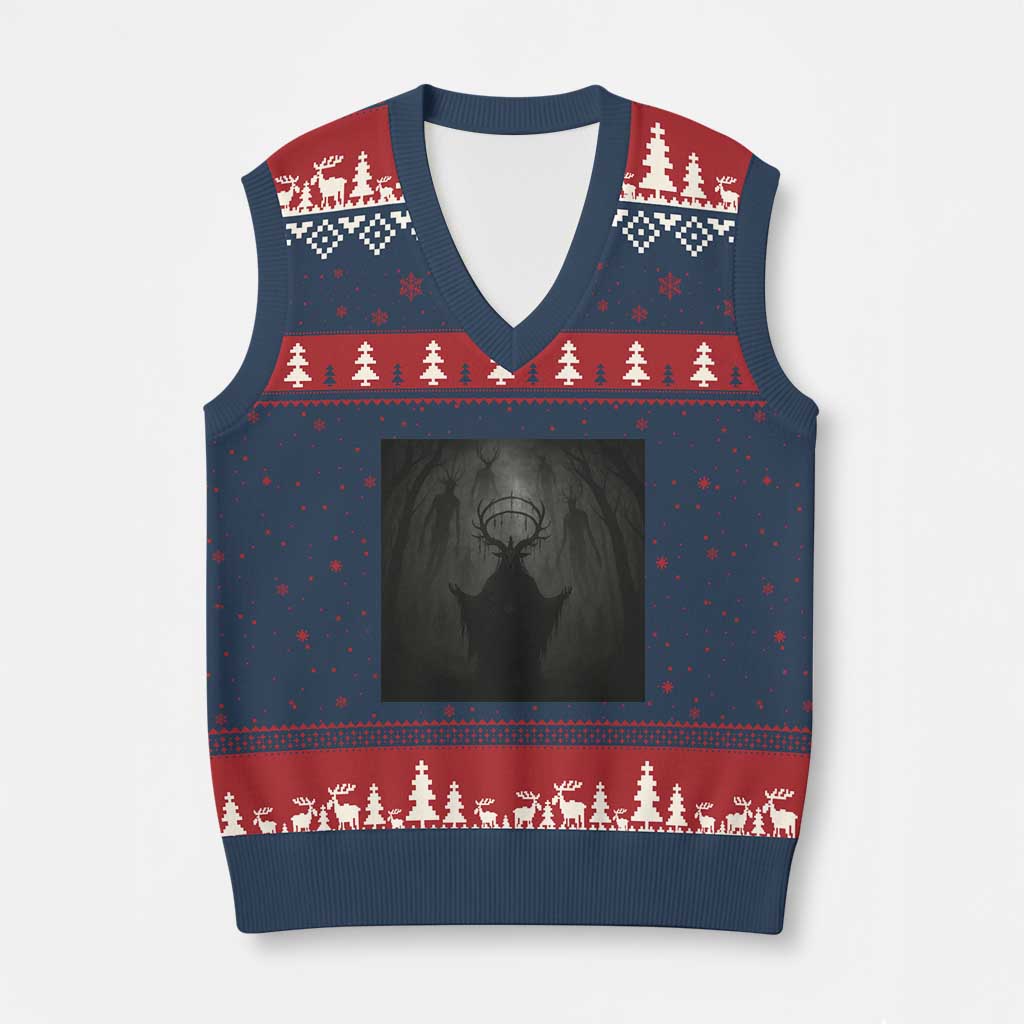 Wendigo V-Neck Knit Sweater Vest Gothic Horror Forest Demon Cryptid Occult Dark Fantasy TS10 Navy Red Print Your Wear