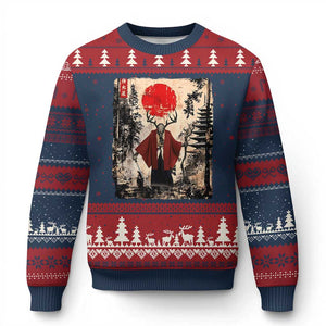 Samurai Wendigo Ugly Christmas Sweater Japanese Vintage Graphic Ukiyo-e Art Funny Dark Fantasy TS10 Navy Red Print Your Wear