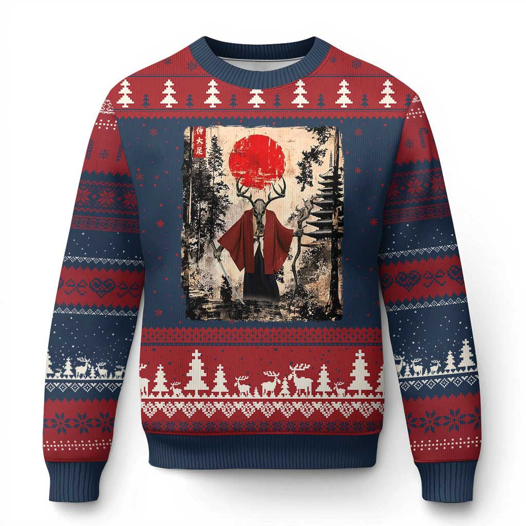 Samurai Wendigo Ugly Christmas Sweater Japanese Vintage Graphic Ukiyo-e Art Funny Dark Fantasy TS10 Navy Red Print Your Wear