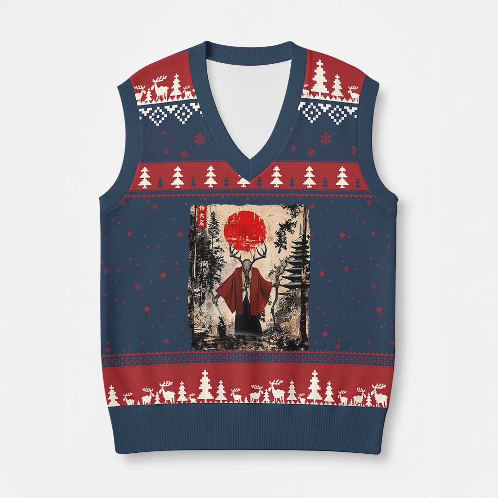 Samurai Wendigo V-Neck Knit Sweater Vest Japanese Vintage Graphic Ukiyo-e Art Funny Dark Fantasy TS10 Navy Red Print Your Wear