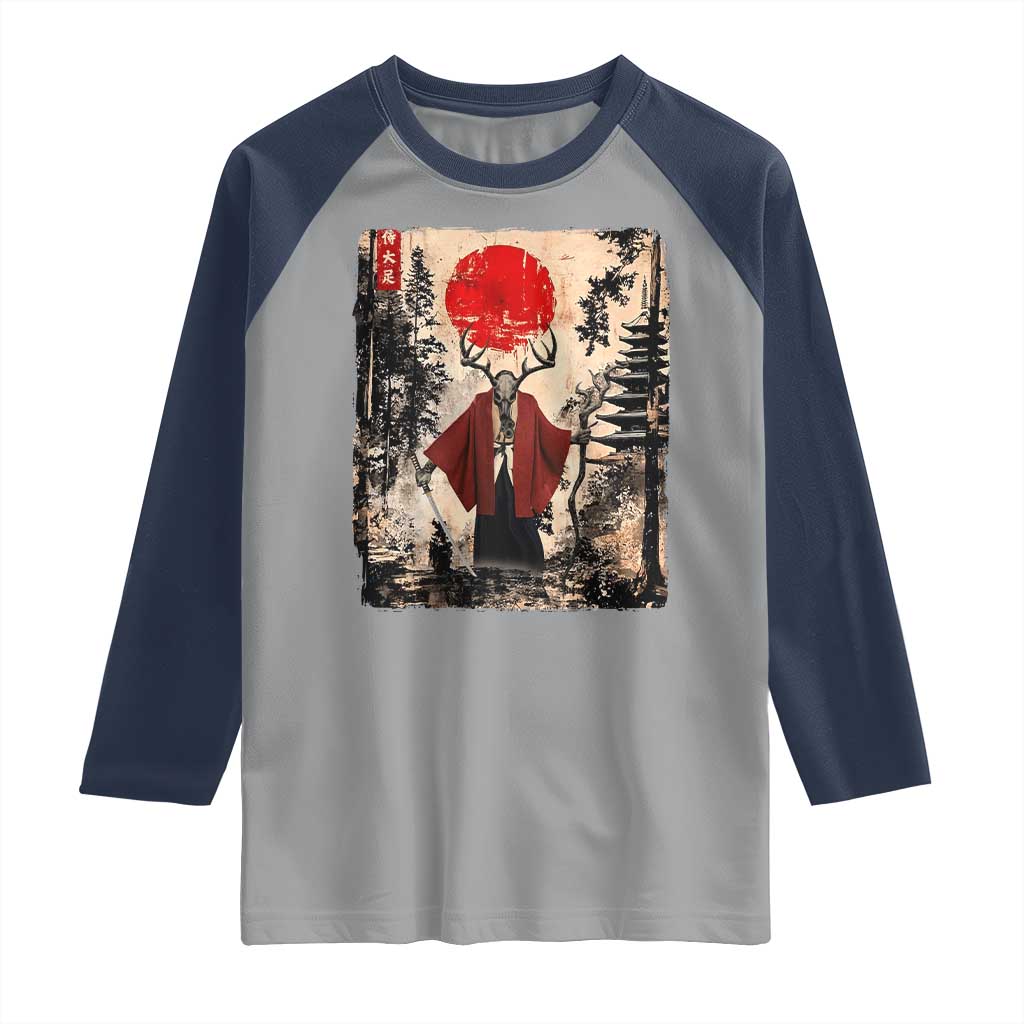 Samurai Wendigo Raglan Shirt Japanese Vintage Graphic Ukiyo-e Art Funny Dark Fantasy TS10 Sport Gray Navy Print Your Wear
