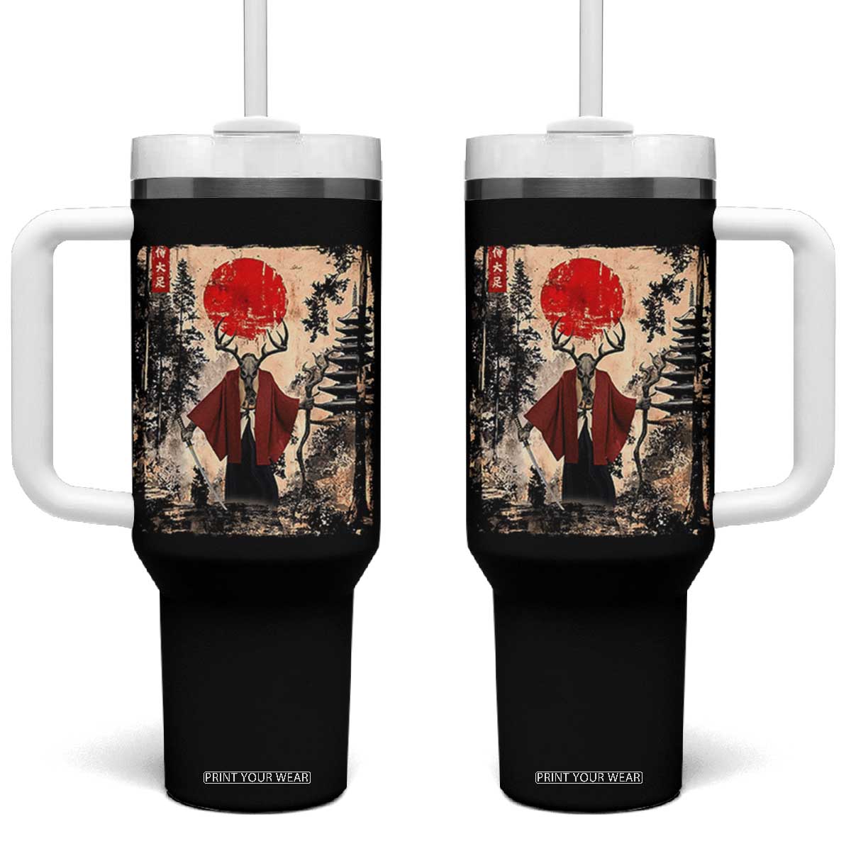 Samurai Wendigo Tumbler With Handle Japanese Vintage Graphic Ukiyo-e Art Funny Dark Fantasy TS10 One Size: 40 oz Black Print Your Wear
