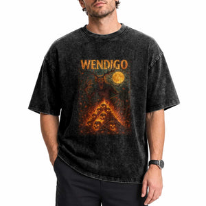 Wendigo Washed Cotton T-Shirt Halloween Cryptid Horror Mythical Creature