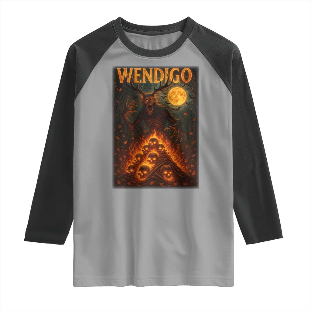 Wendigo Raglan Shirt Halloween Cryptid Horror Mythical Creature TS10 Sport Gray Black Print Your Wear