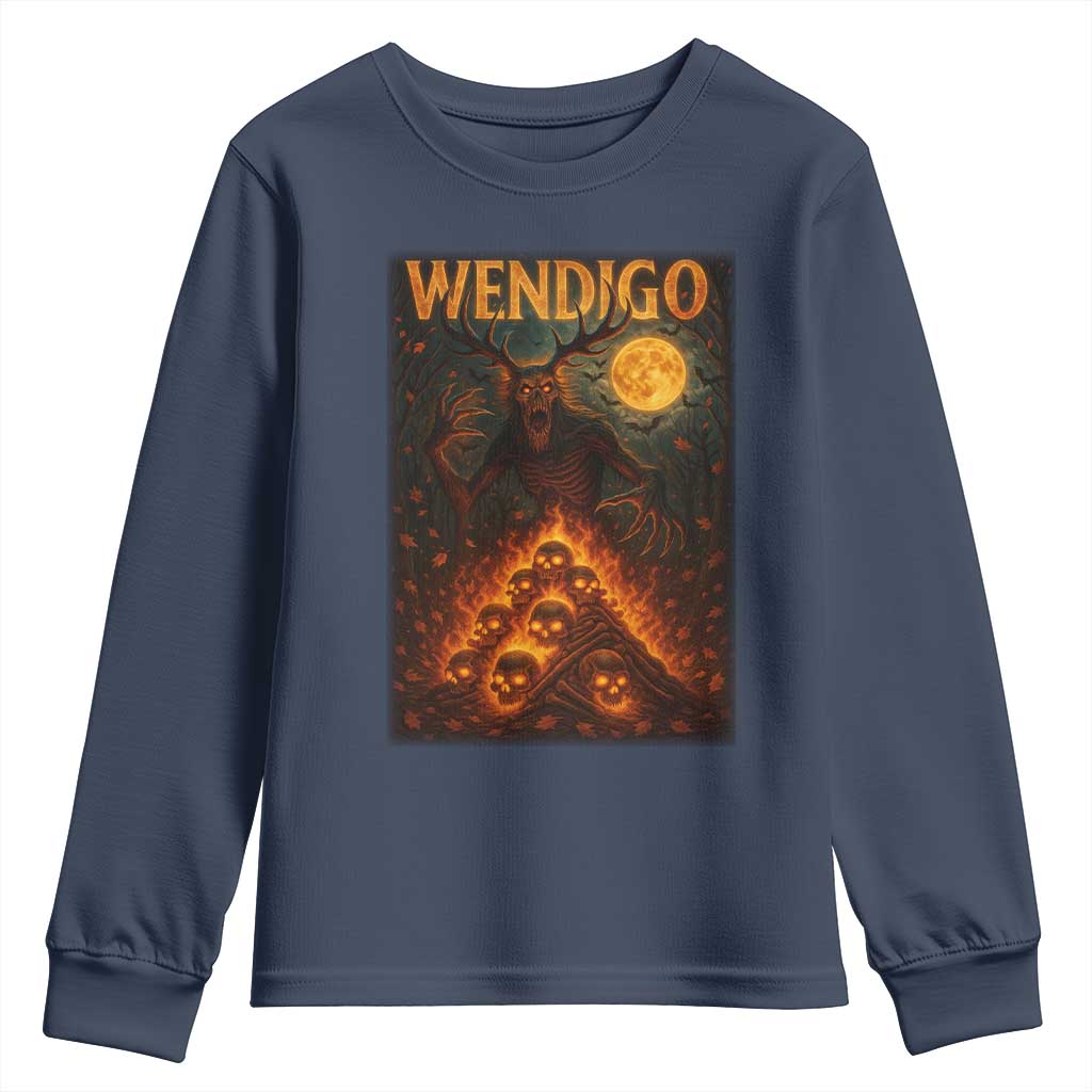 Wendigo Youth Sweatshirt Halloween Cryptid Horror Mythical Creature TS10 Navy Print Your Wear