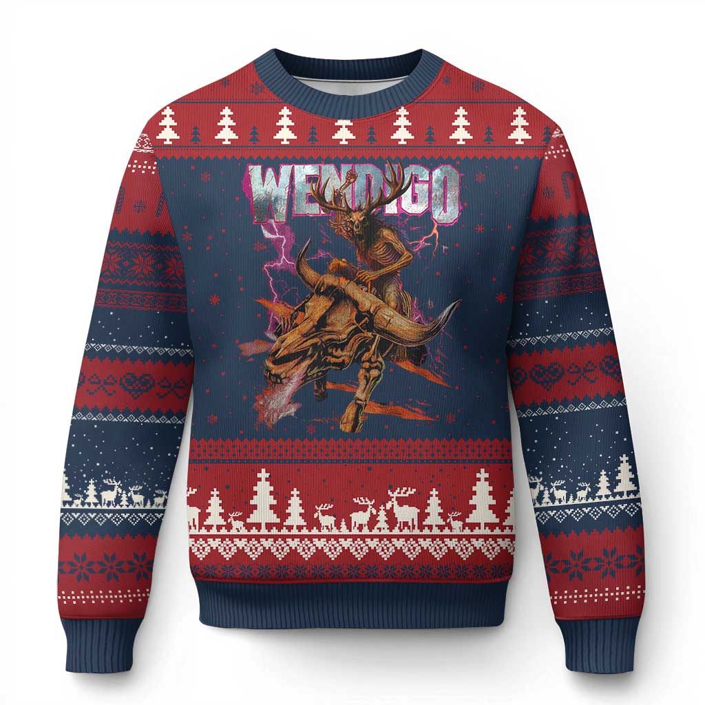 Wendigo Ugly Christmas Sweater Riding Skeleton Cryptid Occult Dark Fantasy TS10 Navy Red Print Your Wear