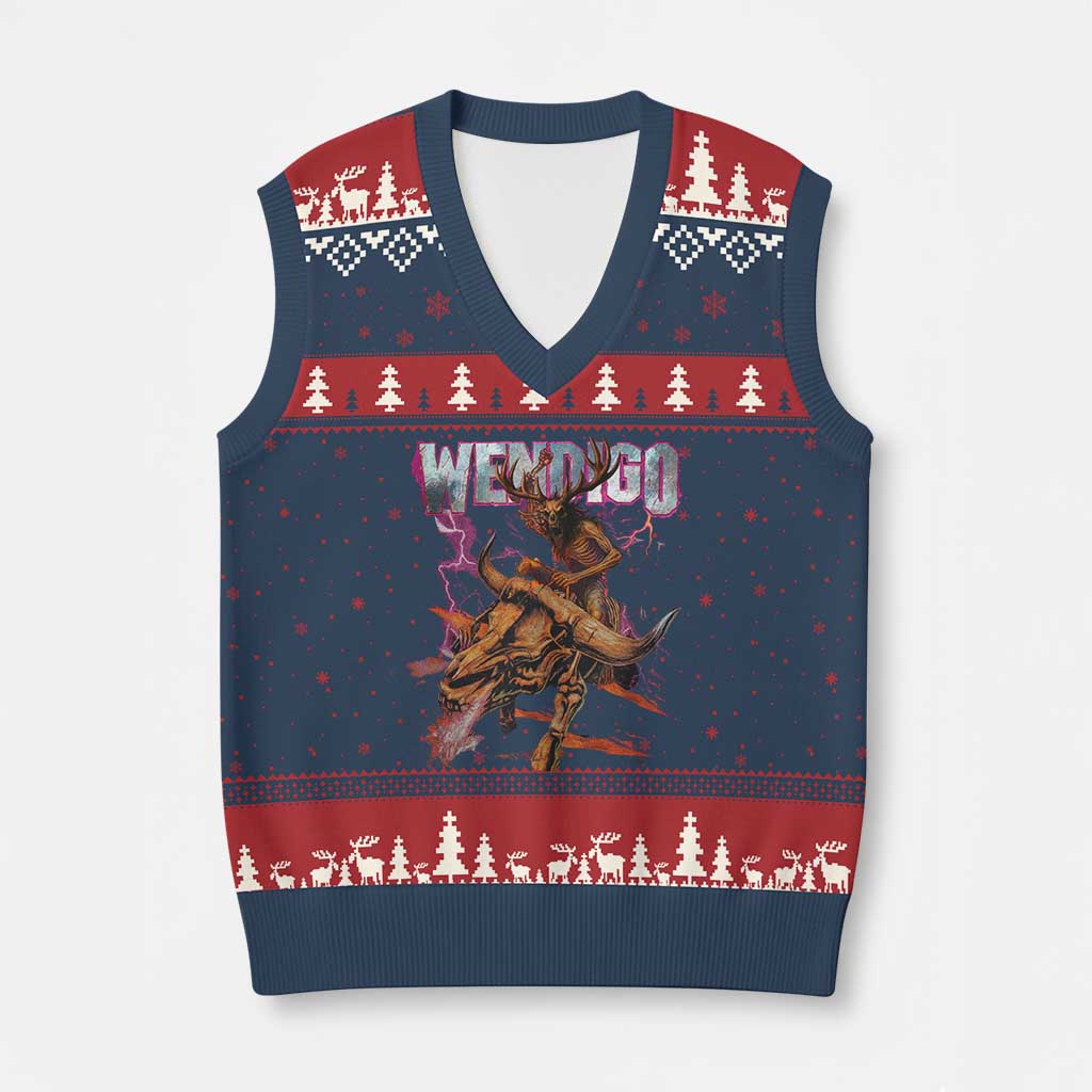 Wendigo V-Neck Knit Sweater Vest Riding Skeleton Cryptid Occult Dark Fantasy TS10 Navy Red Print Your Wear