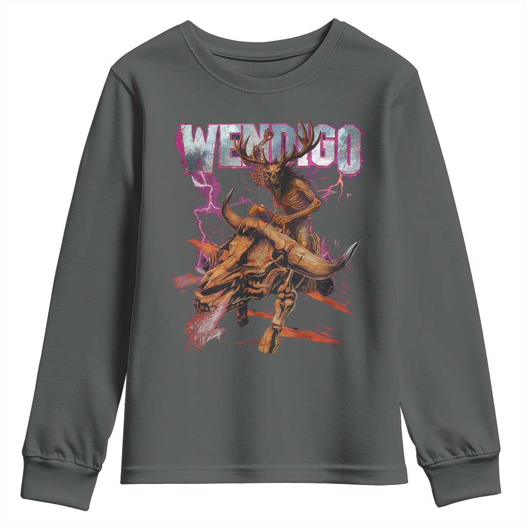 Wendigo Youth Sweatshirt Riding Skeleton Cryptid Occult Dark Fantasy TS10 Dark Heather Print Your Wear