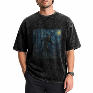 Wendigo Starry Night Washed Cotton T-Shirt Van Gogh Dark Fantasy Cryptid Lovers