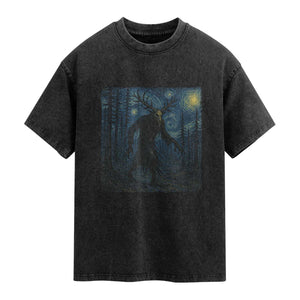 Wendigo Starry Night Washed Cotton T-Shirt Van Gogh Dark Fantasy Cryptid Lovers