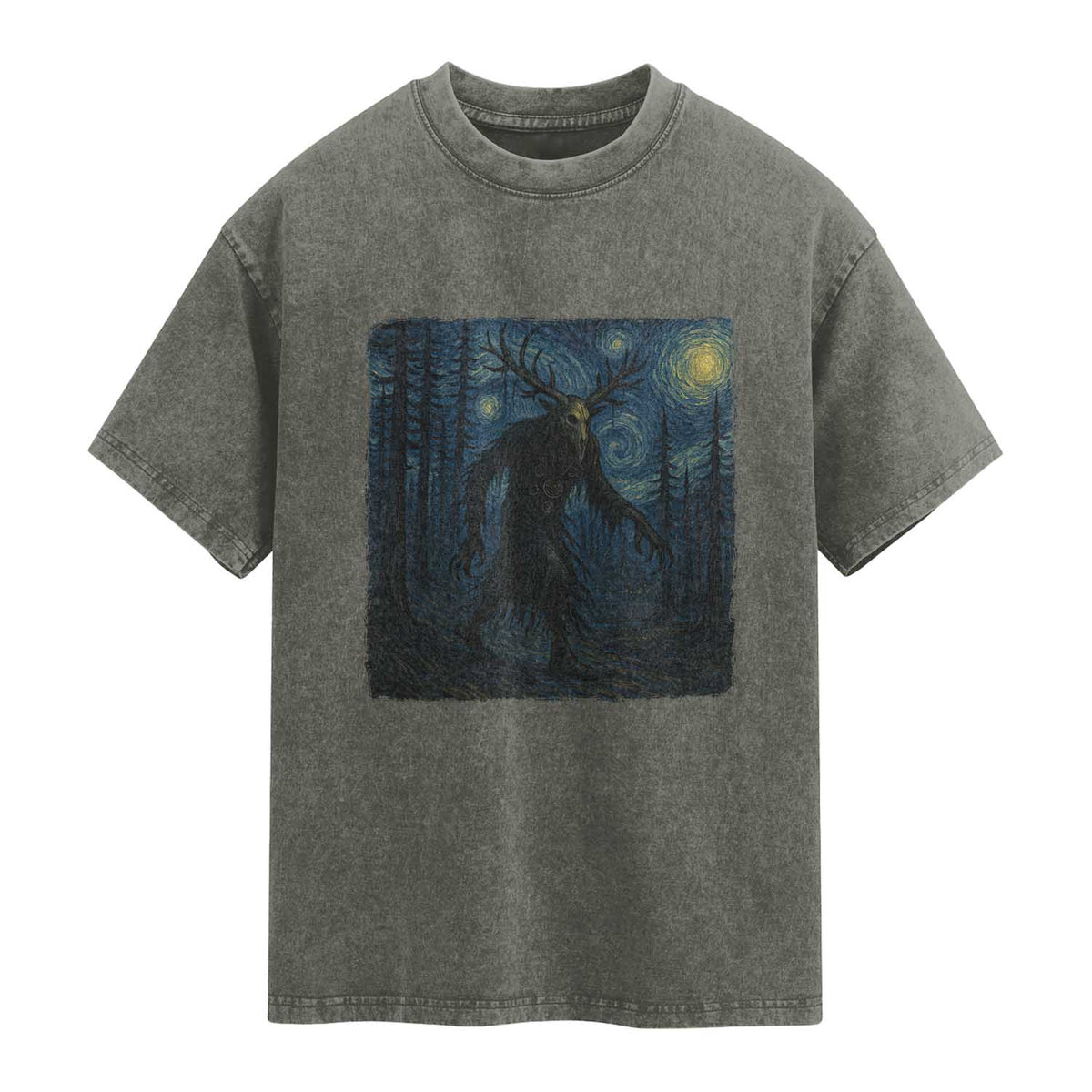 Wendigo Starry Night Washed Cotton T-Shirt Van Gogh Dark Fantasy Cryptid Lovers