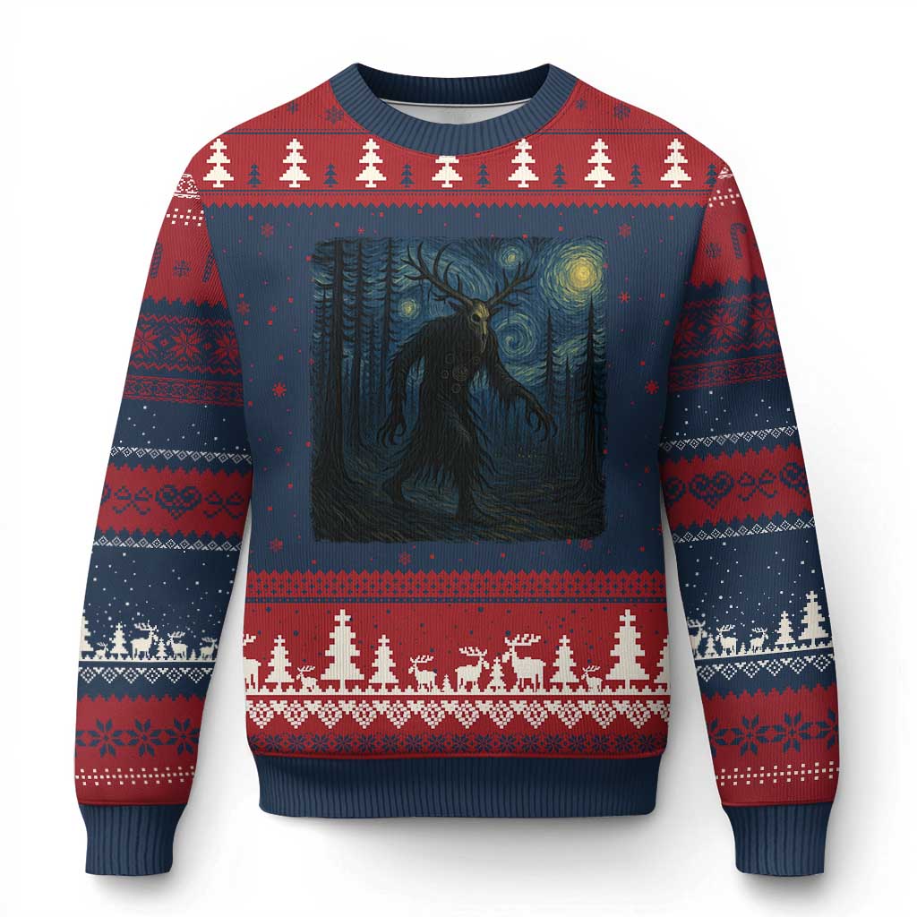 Wendigo Starry Night Ugly Christmas Sweater Van Gogh Dark Fantasy Cryptid Lovers TS10 Navy Red Print Your Wear