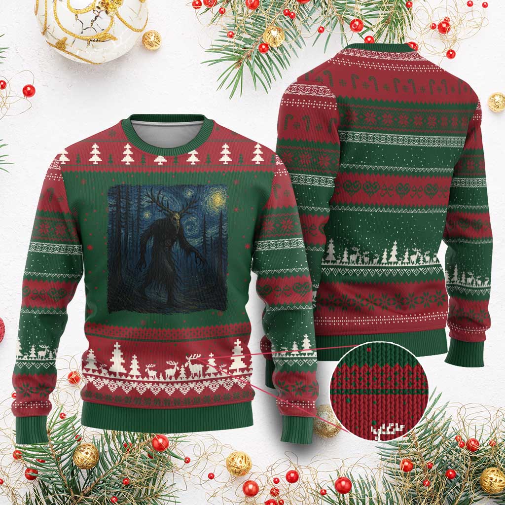 Wendigo Starry Night Ugly Christmas Sweater Van Gogh Dark Fantasy Cryptid Lovers TS10 Red Green Print Your Wear