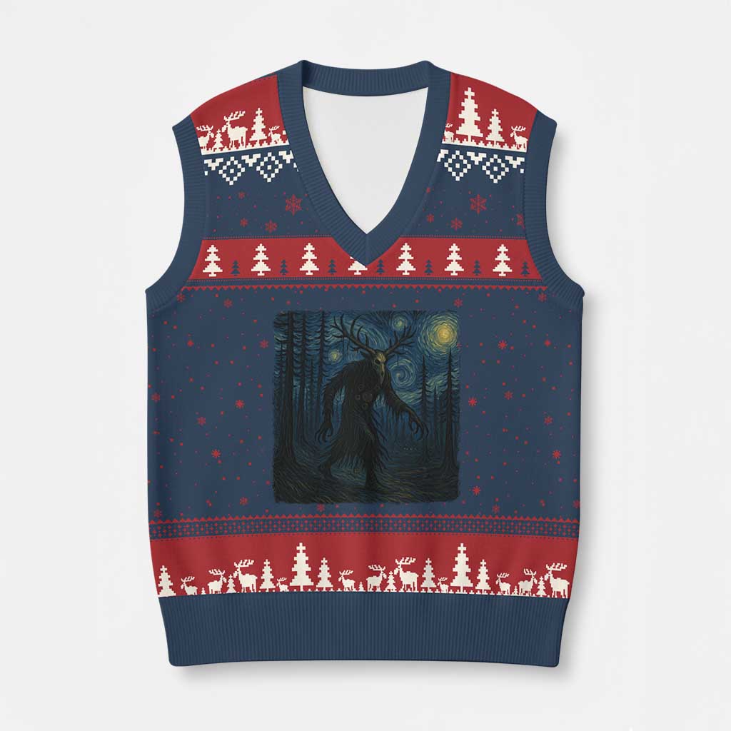 Wendigo Starry Night V-Neck Knit Sweater Vest Van Gogh Dark Fantasy Cryptid Lovers TS10 Navy Red Print Your Wear
