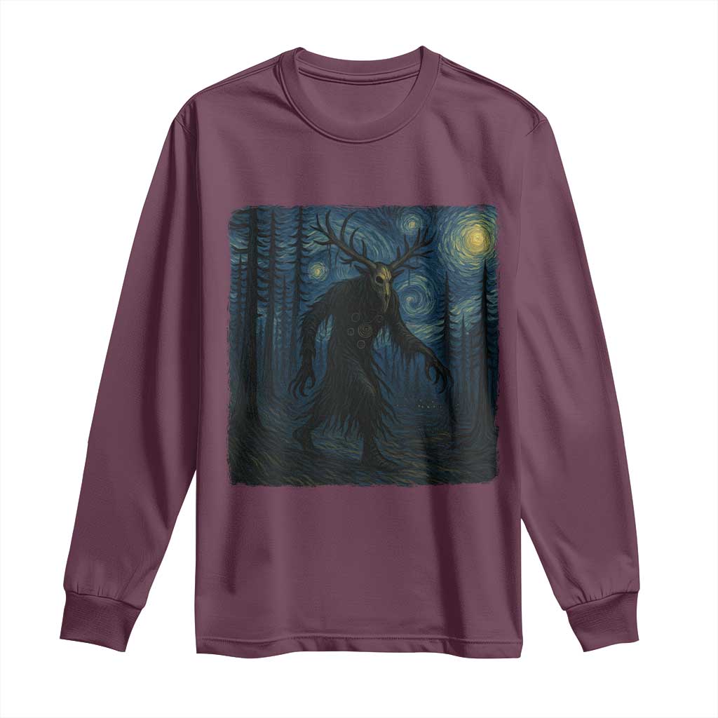 Wendigo Starry Night Long Sleeve Shirt Van Gogh Dark Fantasy Cryptid Lovers TS10 Maroon Print Your Wear
