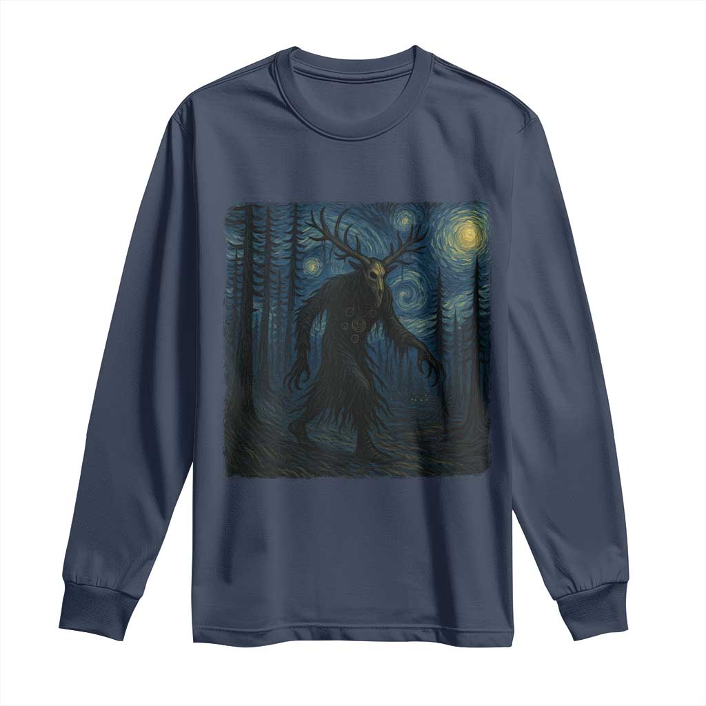 Wendigo Starry Night Long Sleeve Shirt Van Gogh Dark Fantasy Cryptid Lovers TS10 Navy Print Your Wear