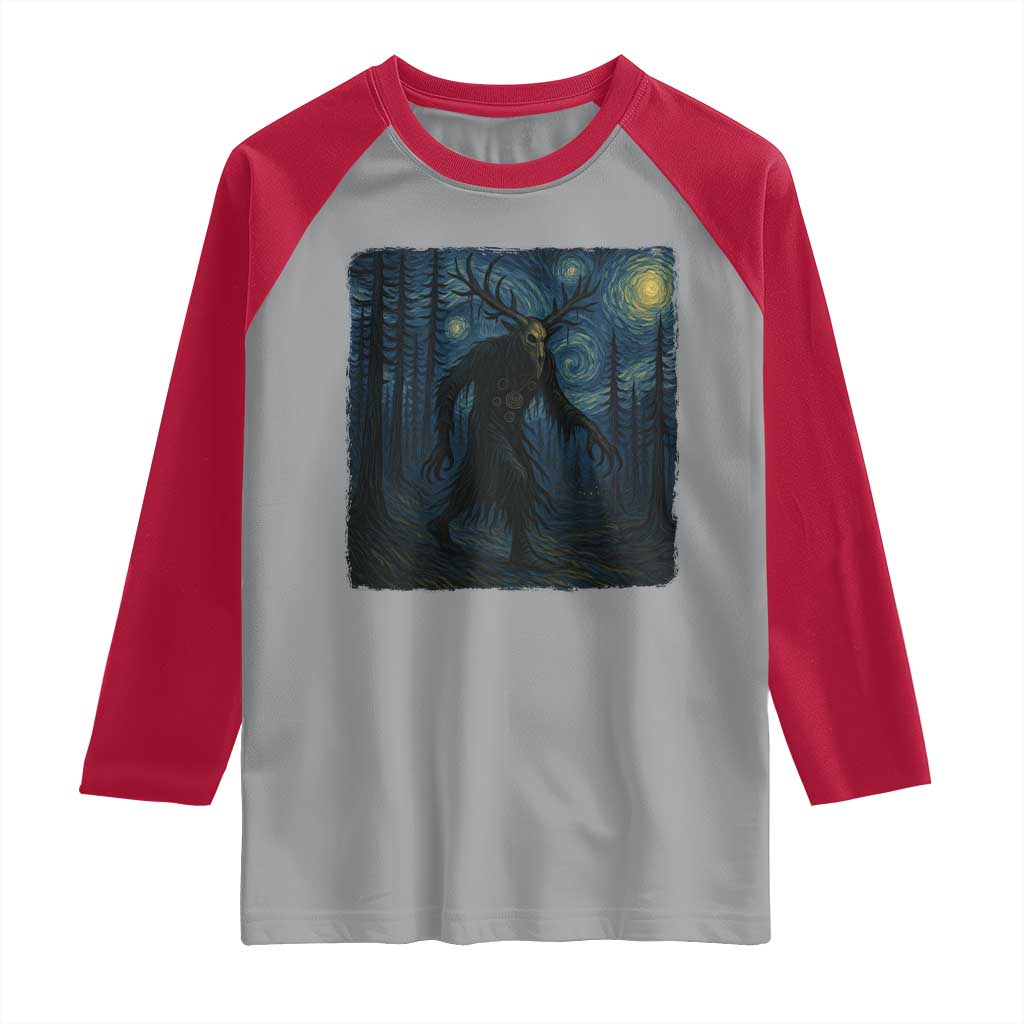 Wendigo Starry Night Raglan Shirt Van Gogh Dark Fantasy Cryptid Lovers TS10 Sport Gray Red Print Your Wear