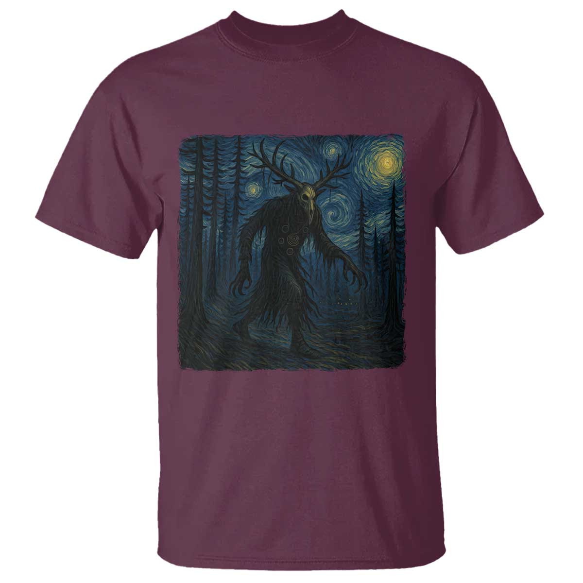 Wendigo Starry Night T Shirt Van Gogh Dark Fantasy Cryptid Lovers TS10 Maroon Print Your Wear