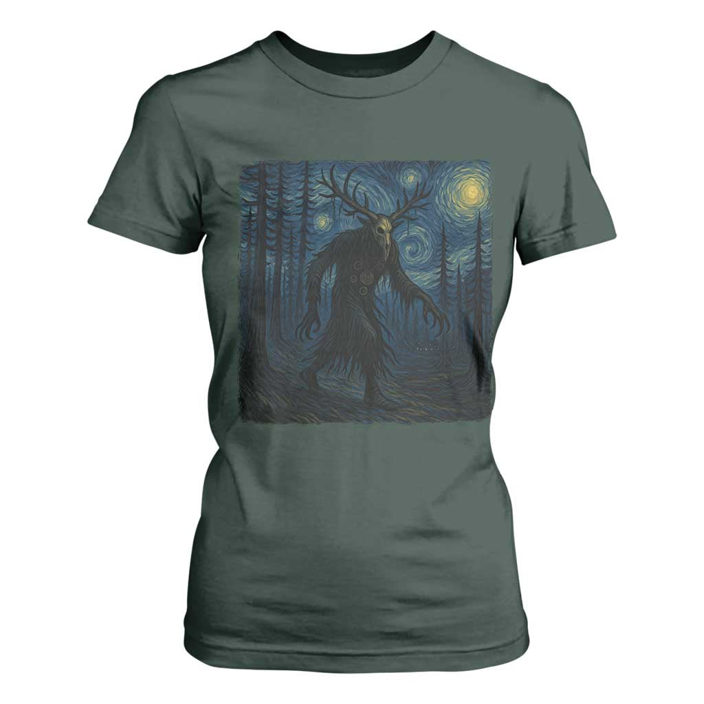 Wendigo Starry Night T Shirt For Women Van Gogh Dark Fantasy Cryptid Lovers TS10 Dark Forest Green Print Your Wear