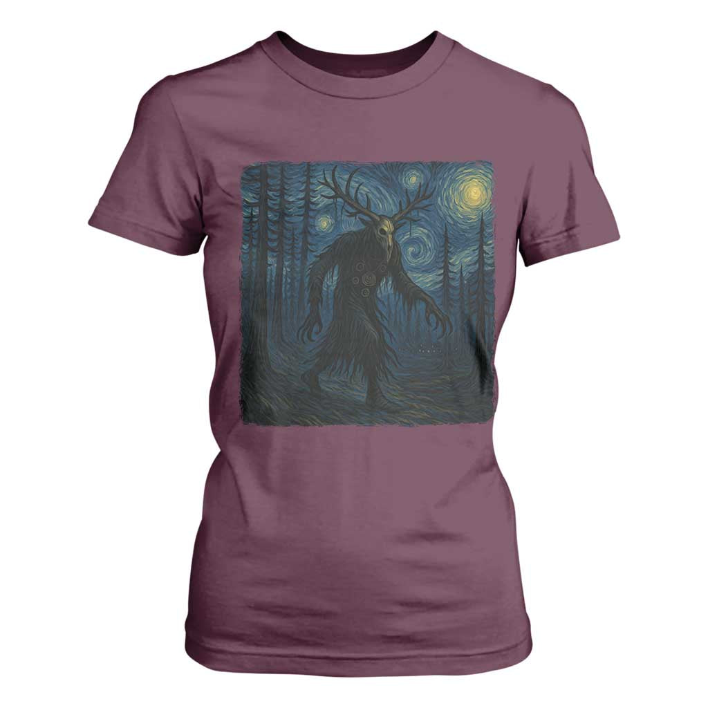 Wendigo Starry Night T Shirt For Women Van Gogh Dark Fantasy Cryptid Lovers TS10 Maroon Print Your Wear