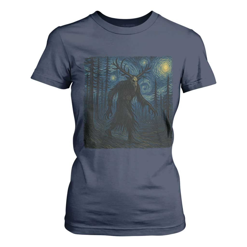 Wendigo Starry Night T Shirt For Women Van Gogh Dark Fantasy Cryptid Lovers TS10 Navy Print Your Wear