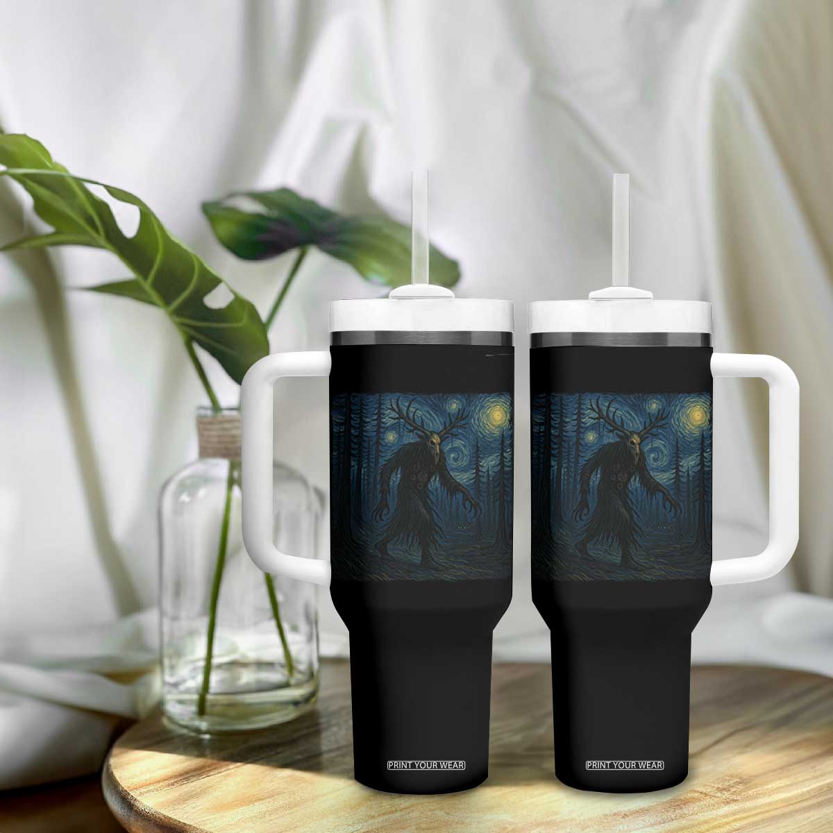 Wendigo Starry Night Tumbler With Handle Van Gogh Dark Fantasy Cryptid Lovers TS10 Print Your Wear