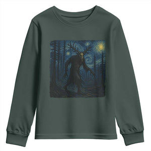 Wendigo Starry Night Youth Sweatshirt Van Gogh Dark Fantasy Cryptid Lovers TS10 Dark Forest Green Print Your Wear