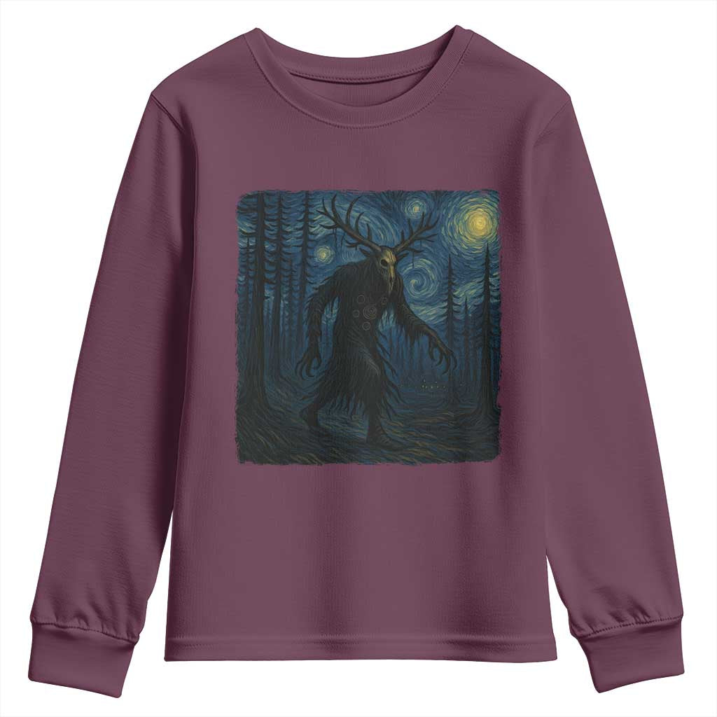 Wendigo Starry Night Youth Sweatshirt Van Gogh Dark Fantasy Cryptid Lovers TS10 Maroon Print Your Wear