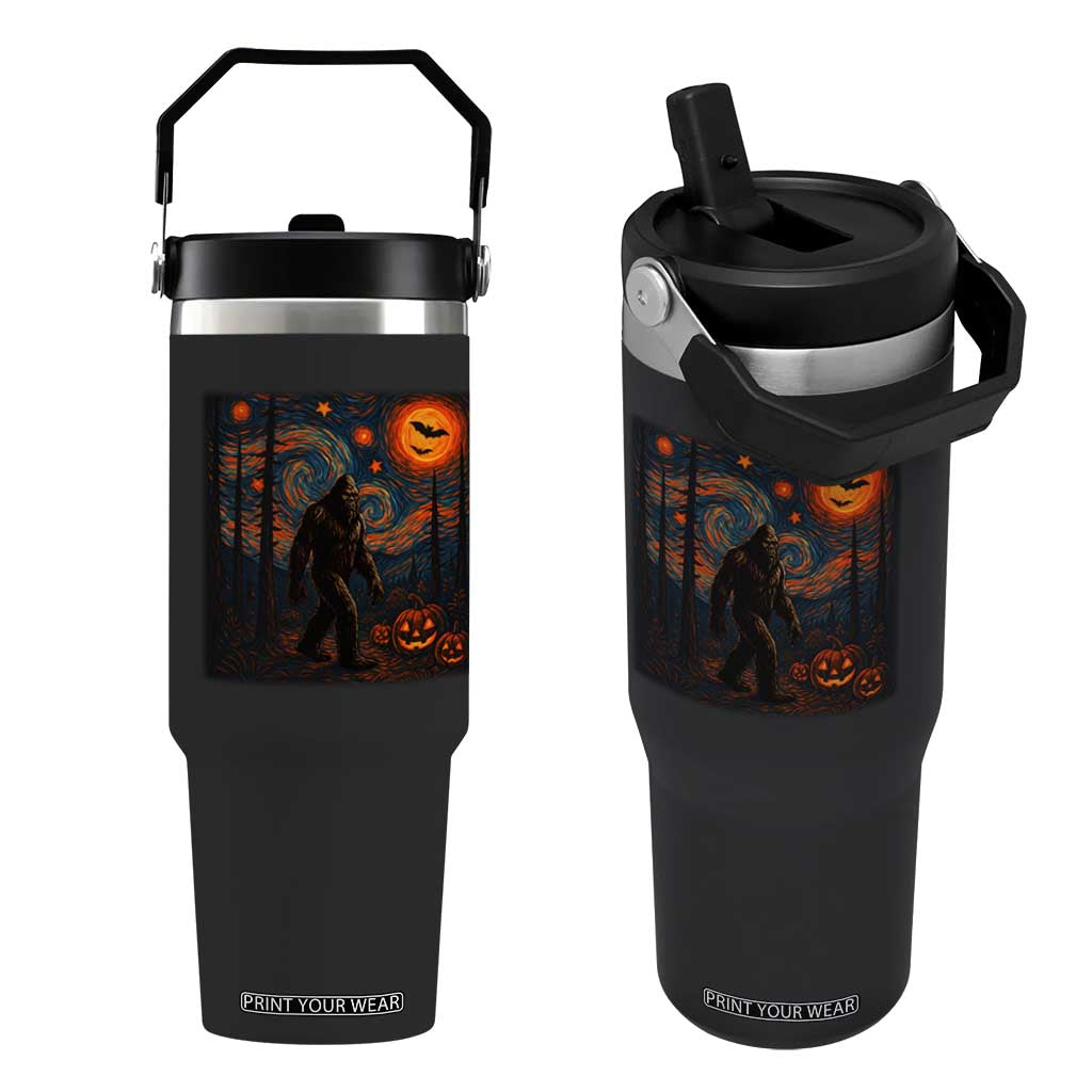 Bigfoot Starry Night Flip Straw Tumbler Funny Halloween Van Gogh Sasquatch Lovers TS10 One Size: 30 oz Black Print Your Wear