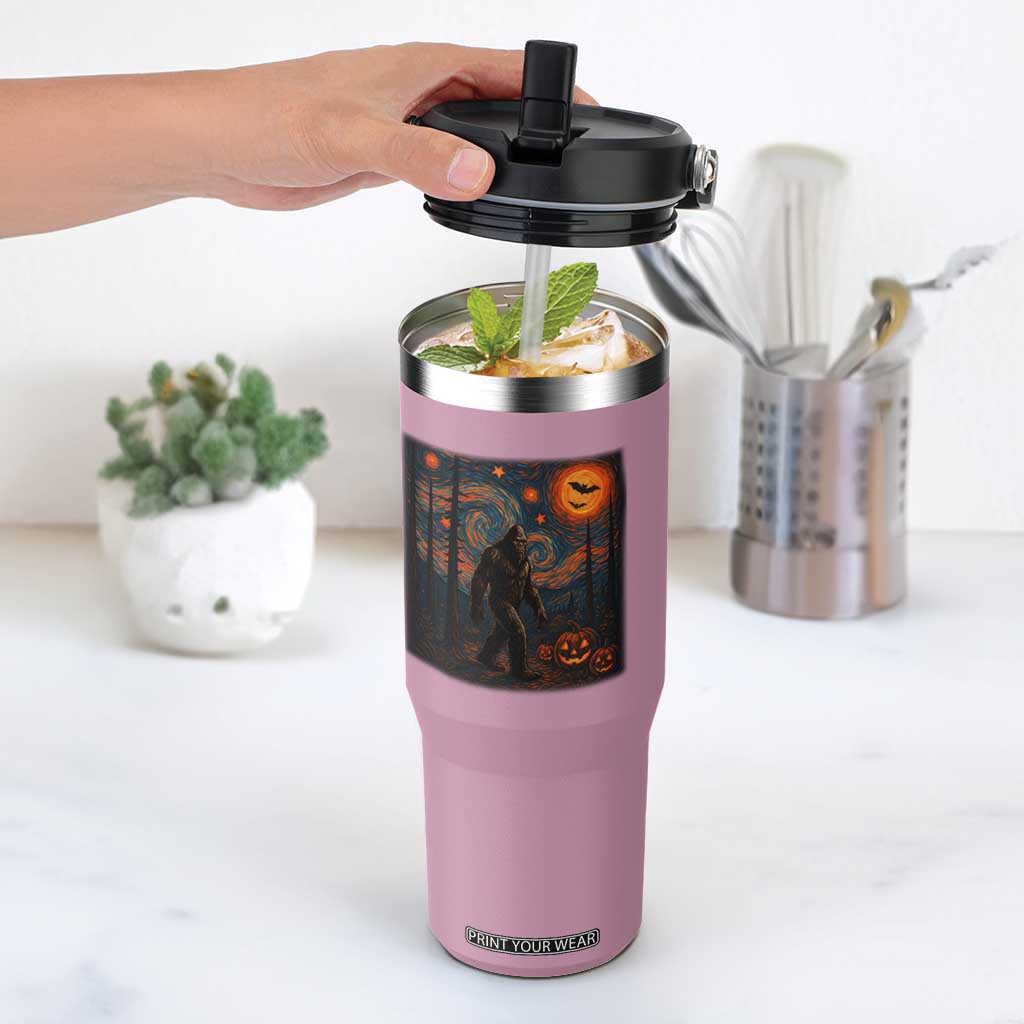 Bigfoot Starry Night Flip Straw Tumbler Funny Halloween Van Gogh Sasquatch Lovers TS10 One Size: 30 oz Light Pink Print Your Wear