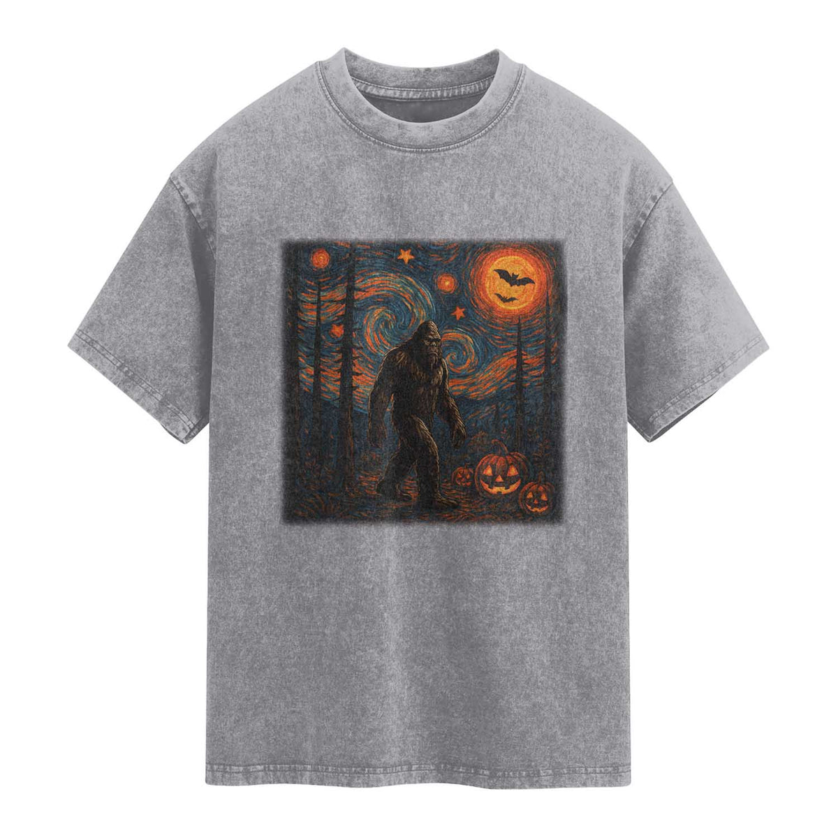 Bigfoot Starry Night Washed Cotton T-Shirt Funny Halloween Van Gogh Sasquatch Lovers